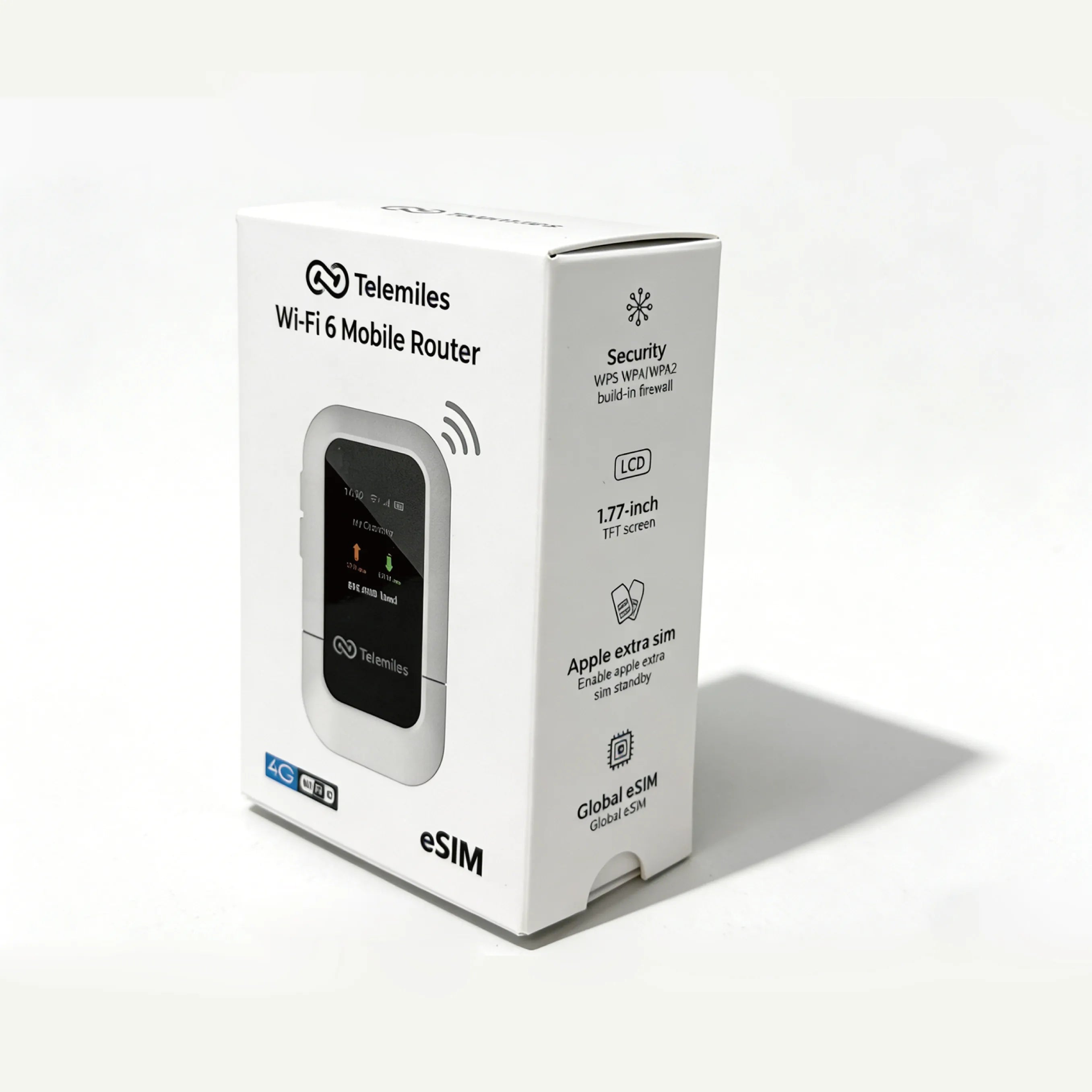 Side view of M47 4G router packaging displaying key product specifications and certifications