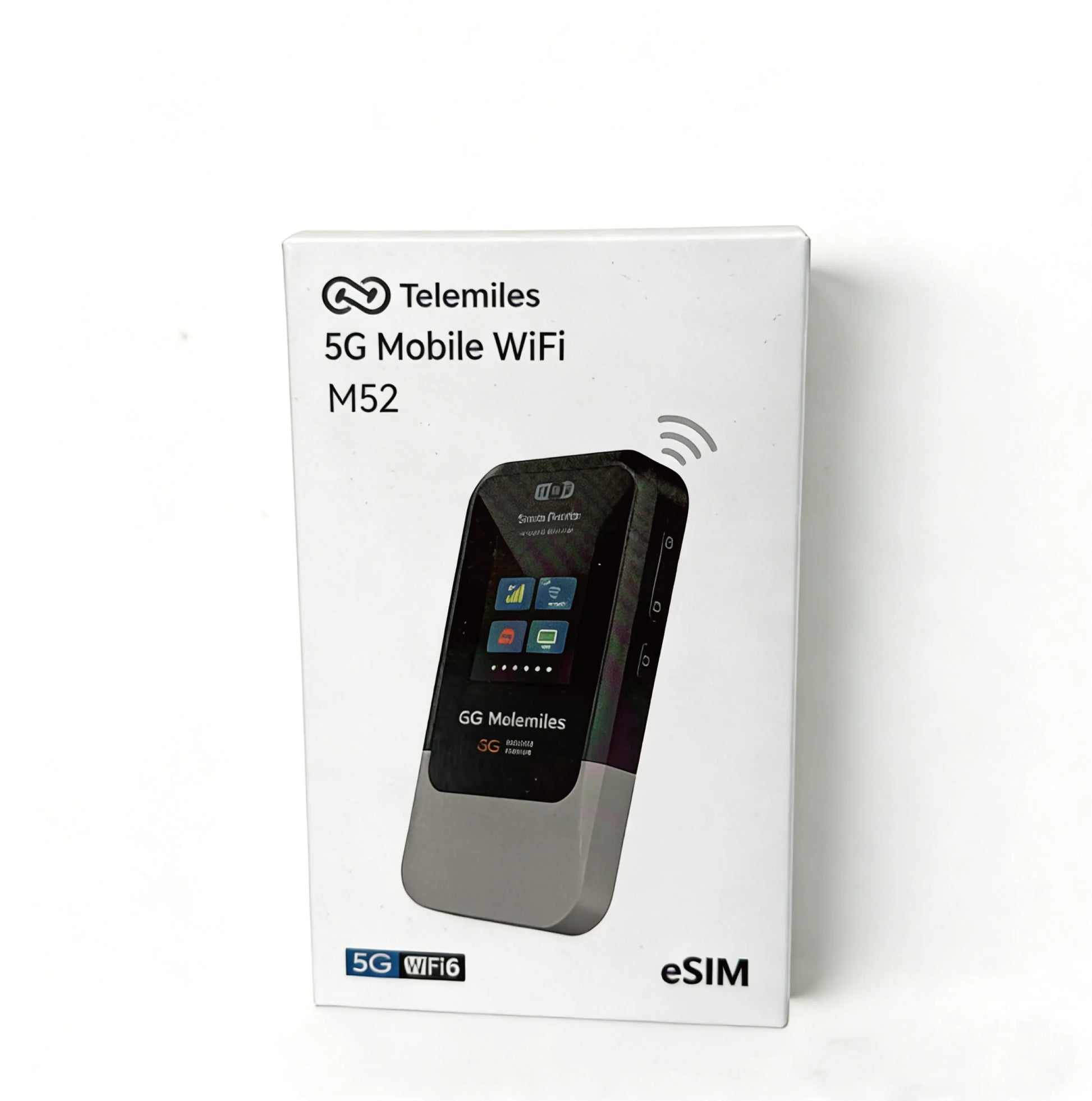 Authentic retail packaging of Telemiles M52 5G Portable MiFi hotspot.