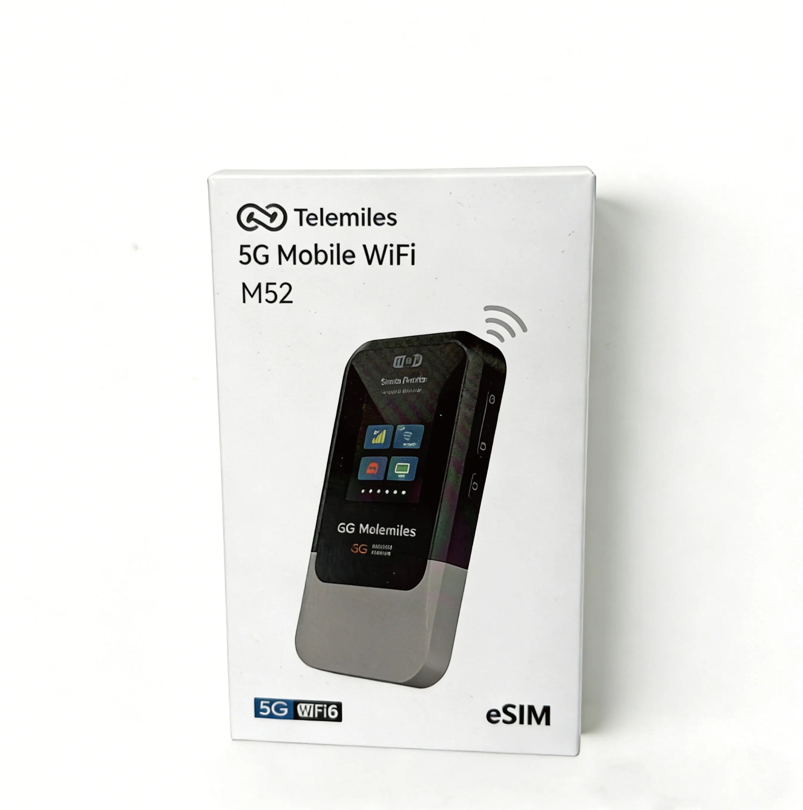 Authentic retail packaging of Telemiles M52 5G Portable MiFi hotspot.
