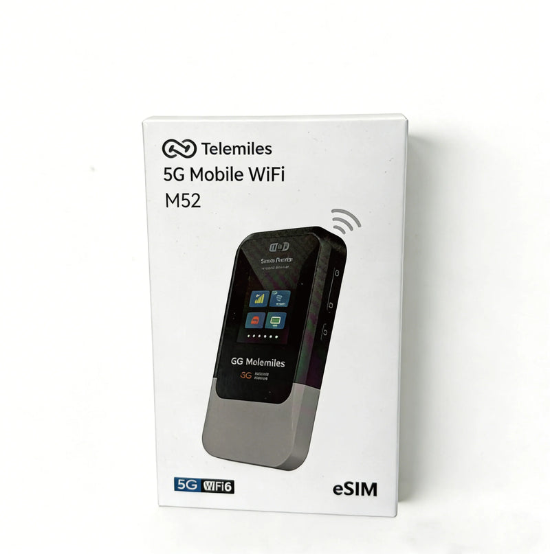 Authentic retail packaging of Telemiles M52 5G Portable MiFi hotspot.