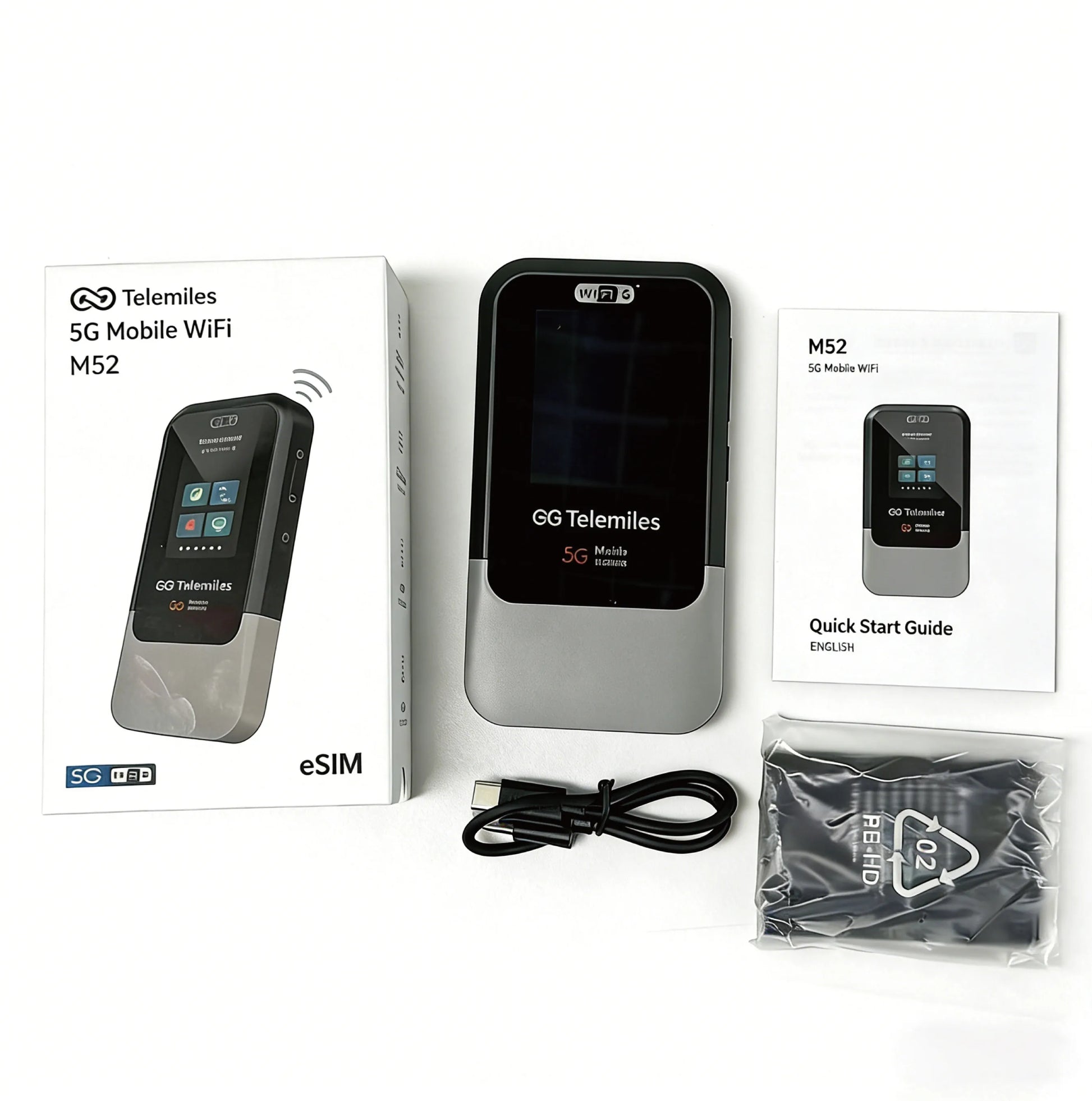 Telemiles M52 5G MiFi unboxing showing the device, removable battery, and USB-C cable.