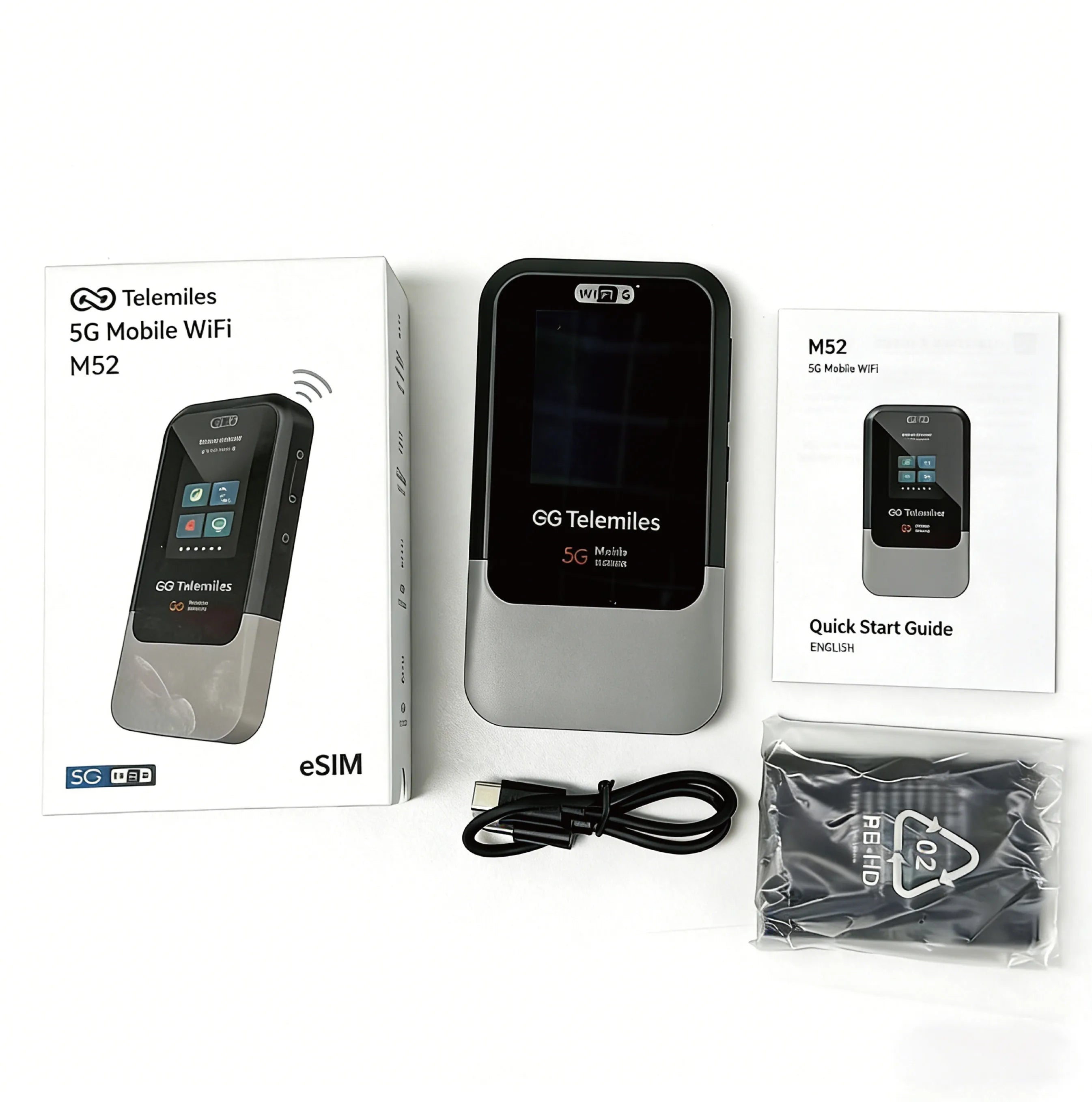 Telemiles M52 5G MiFi unboxing showing the device, removable battery, and USB-C cable.