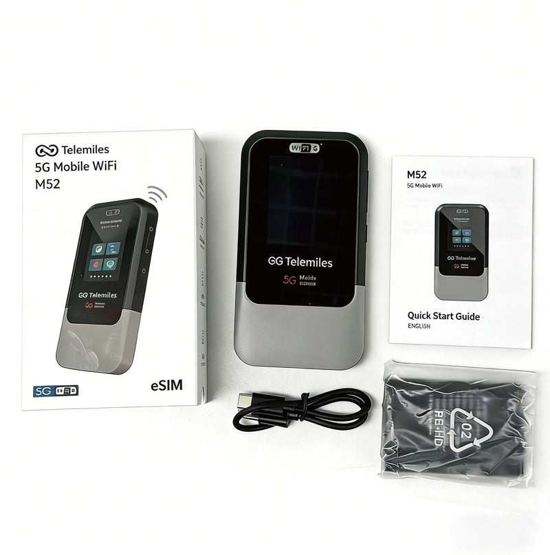Telemiles M52 5G MiFi unboxing showing the device, removable battery, and USB-C cable.