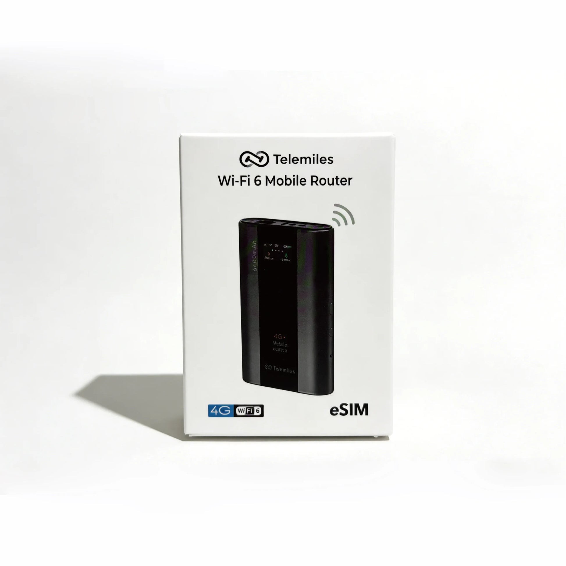 Official retail packaging of Telemiles M53 4G Portable MiFi hotspot, front view.
