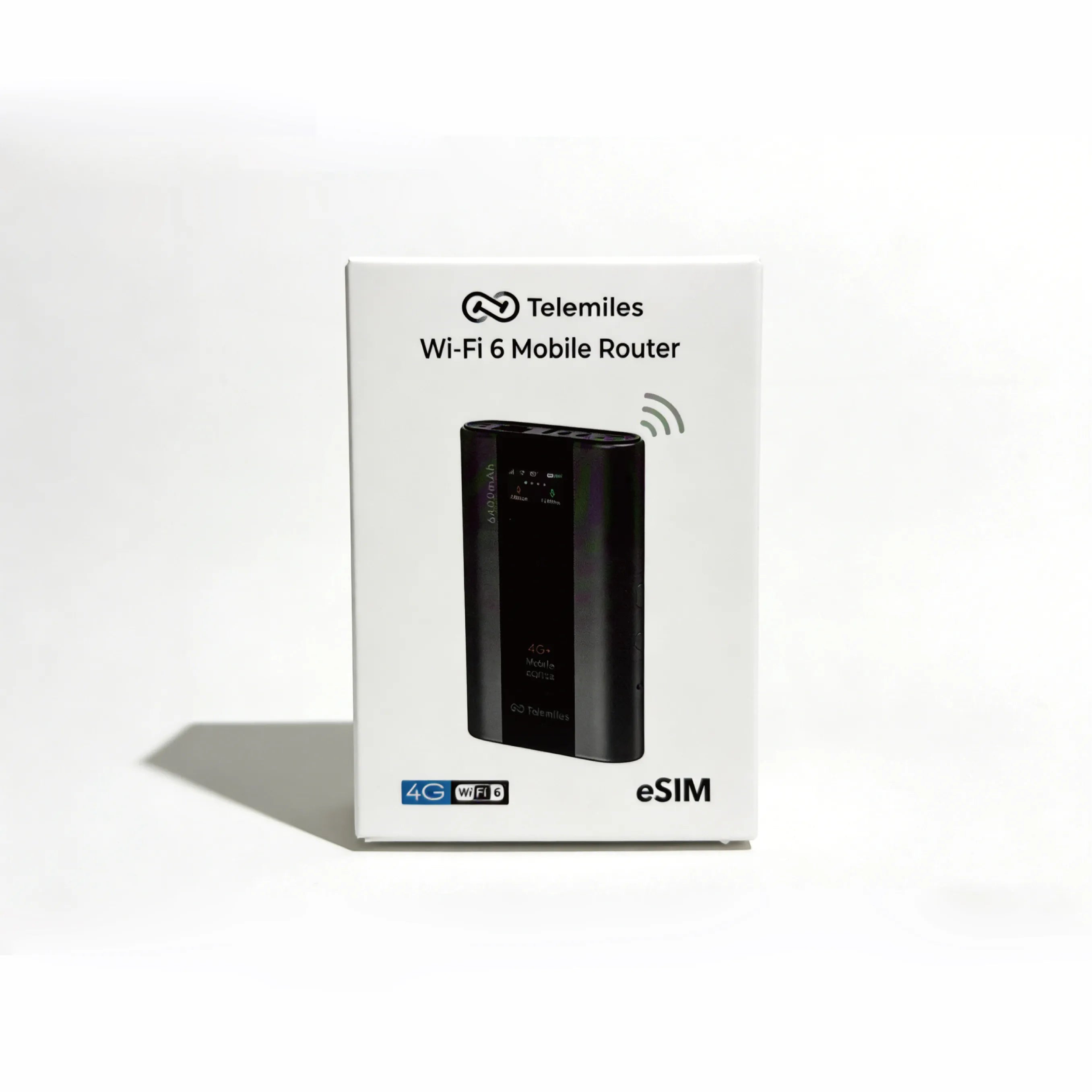 Official retail packaging of Telemiles M53 4G Portable MiFi hotspot, front view.