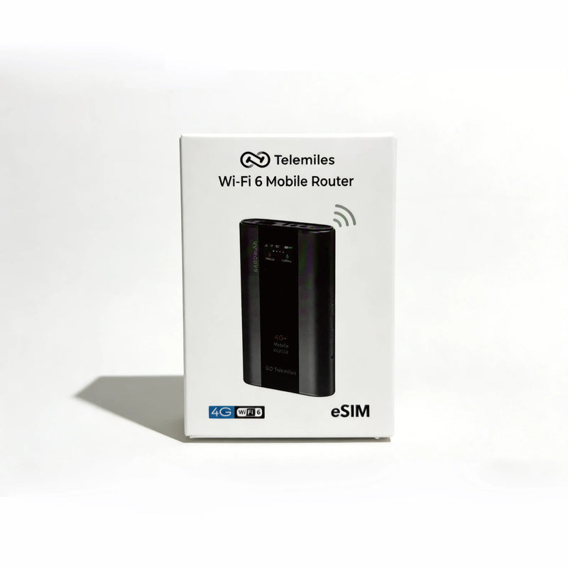 Official retail packaging of Telemiles M53 4G Portable MiFi hotspot, front view.