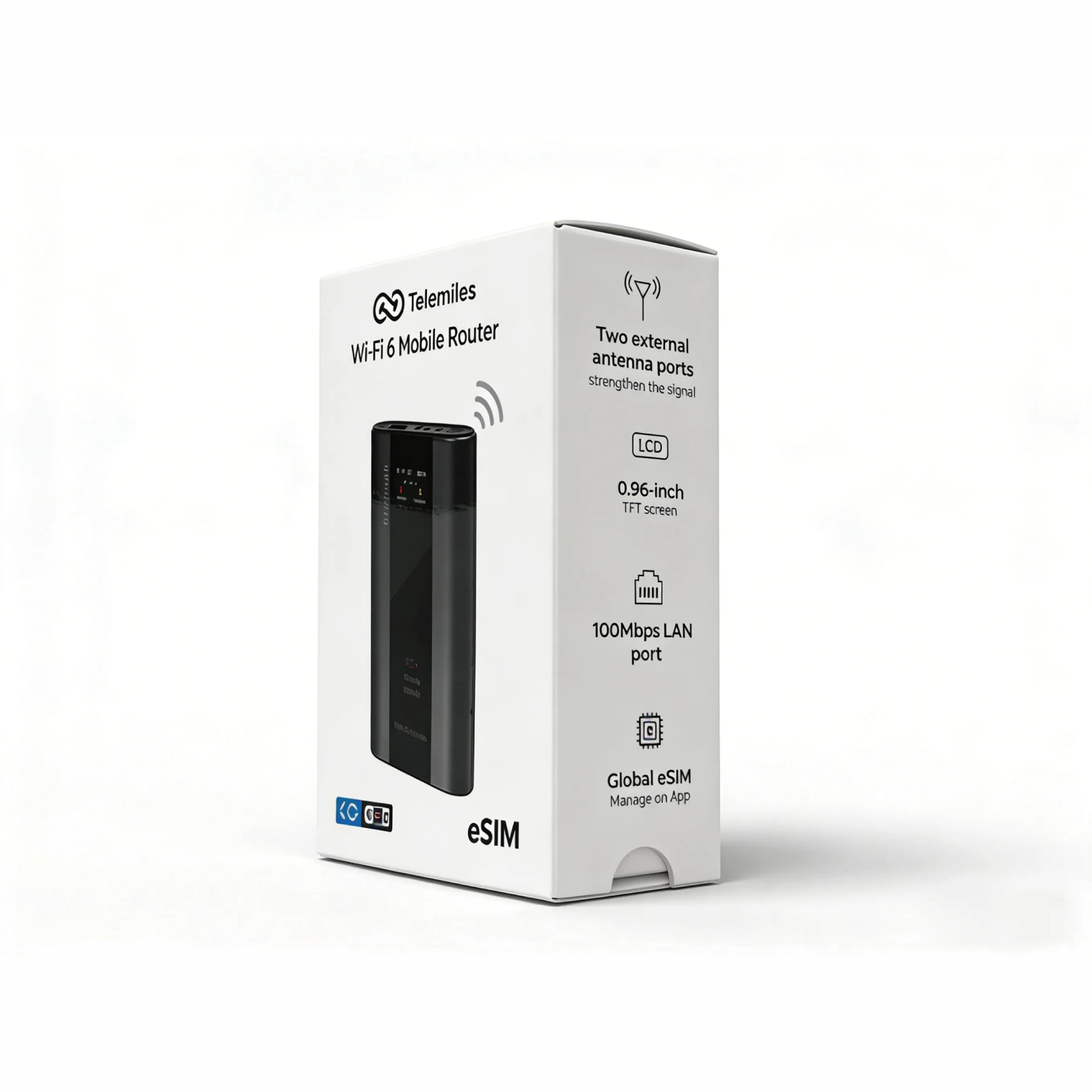 Side profile of M53 4G router packaging showing key technical specifications and network bands.