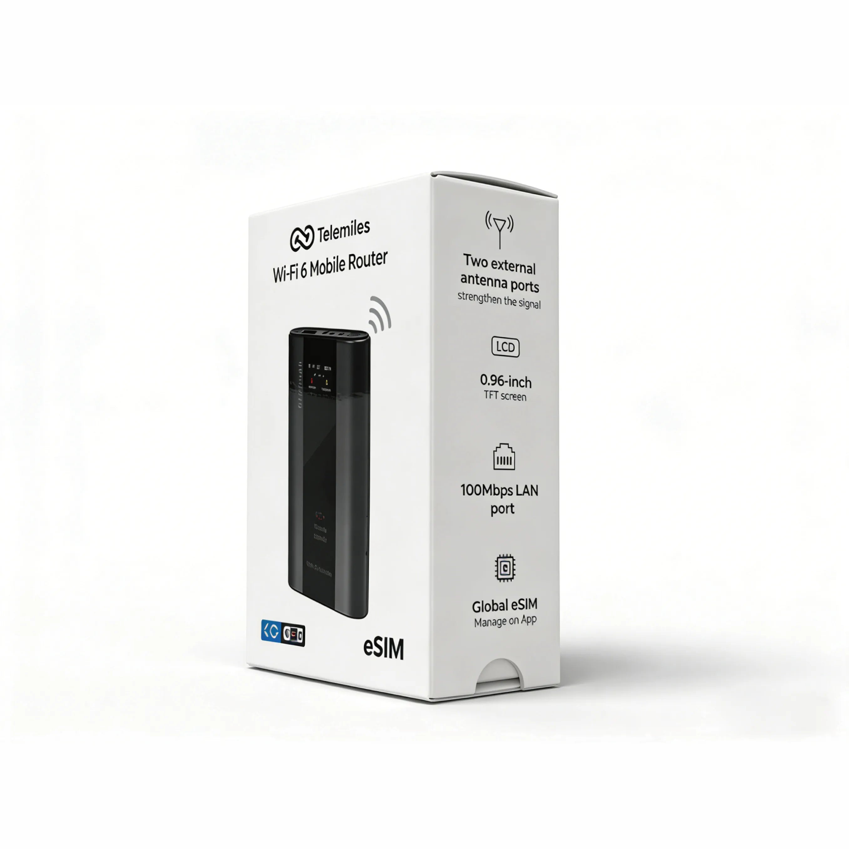 Side profile of M53 4G router packaging showing key technical specifications and network bands.