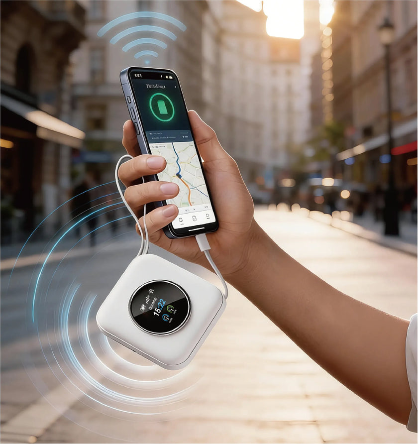 Telemiles ONE 2-in-1 pocket WiFi and power bank fast charging an iPone with its built-in cable while walking on a city street