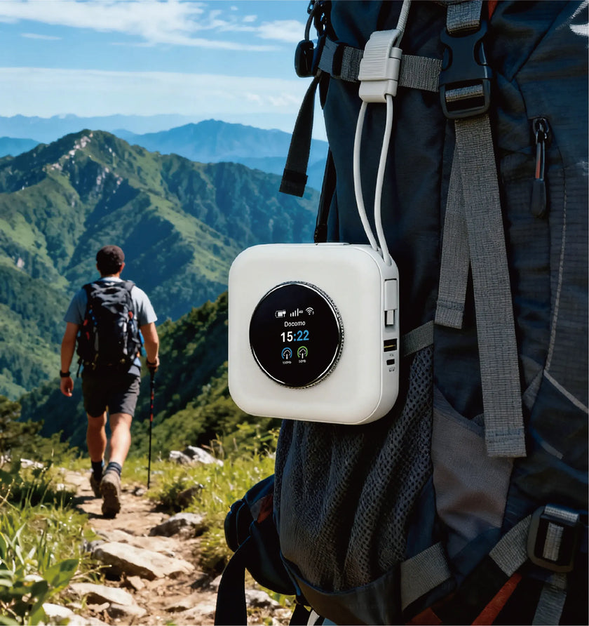 Telemiles ONE global travel router hanging on a backpack for seamless 4G LTE roaming and internet connectivity during a mountain hike