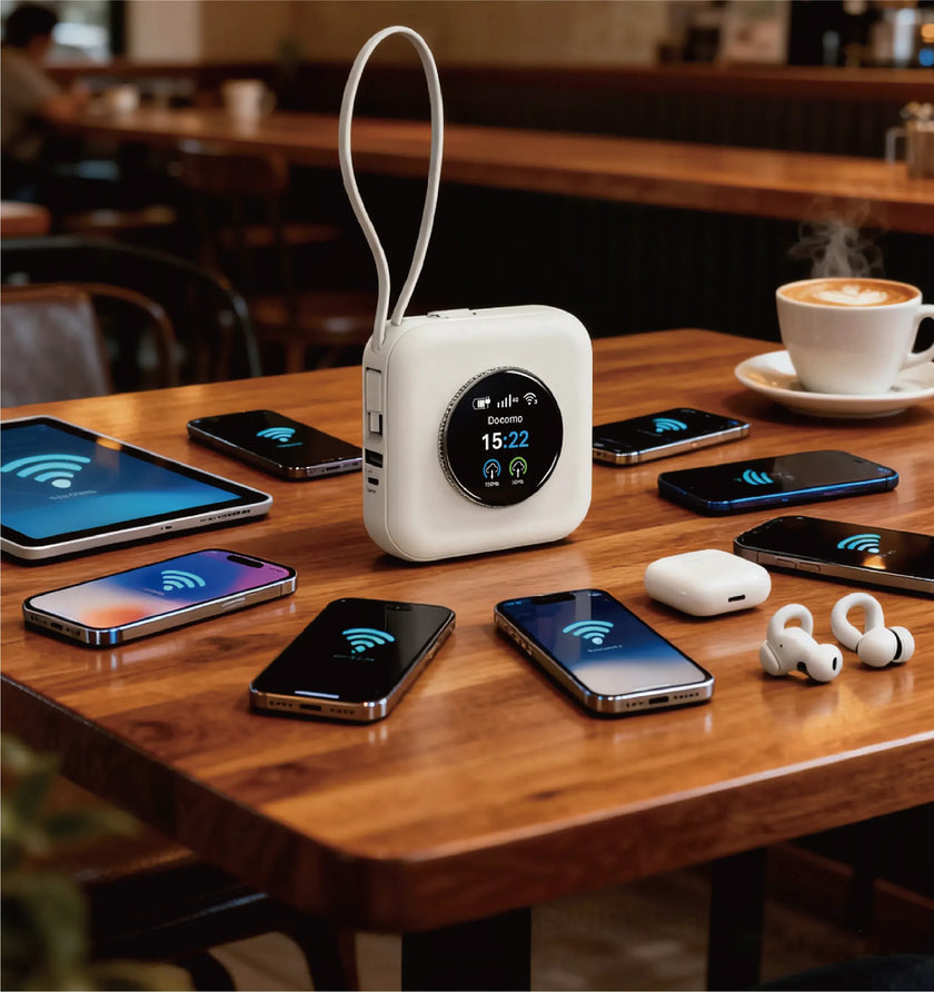 Telemiles ONE portable WiFi router connecting multiple devices including smartphones and tablets simultaneously on a cafe table