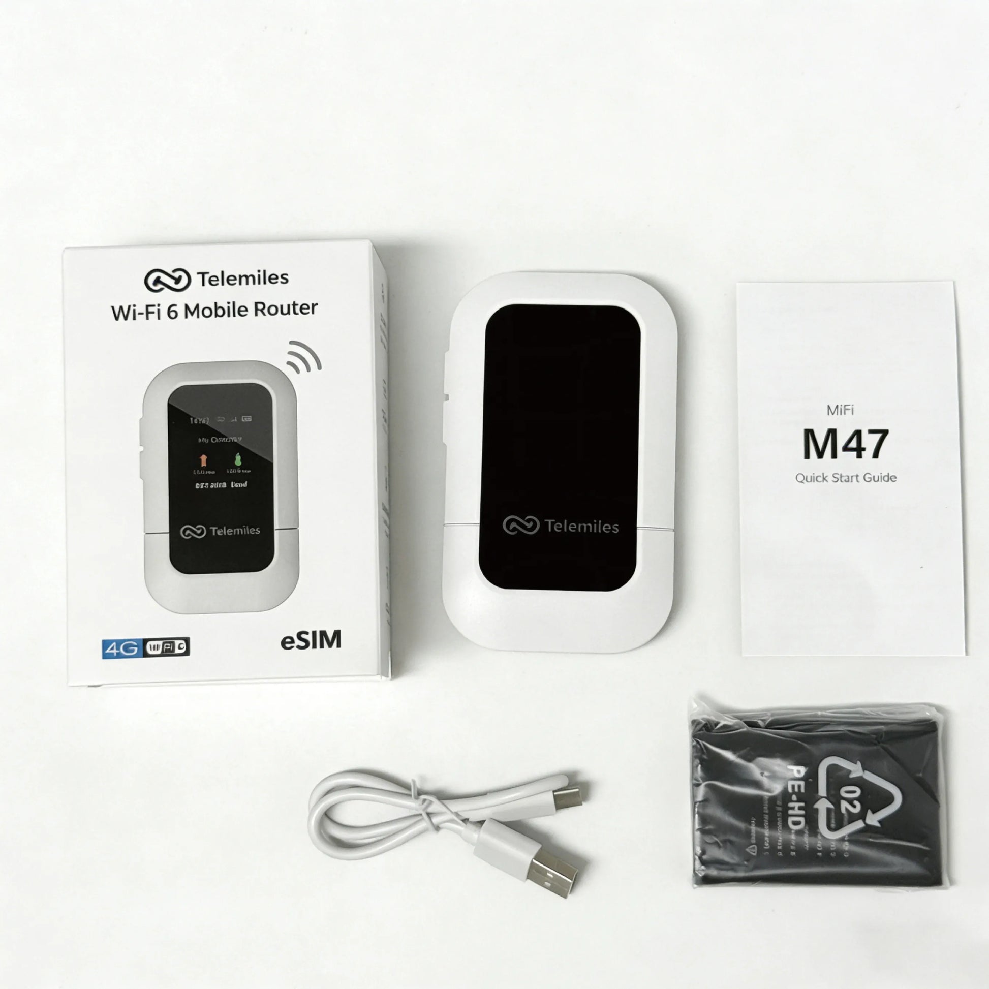Unboxing the Telemiles M47 showing the 4G MiFi device, removable battery, and USB-C cable