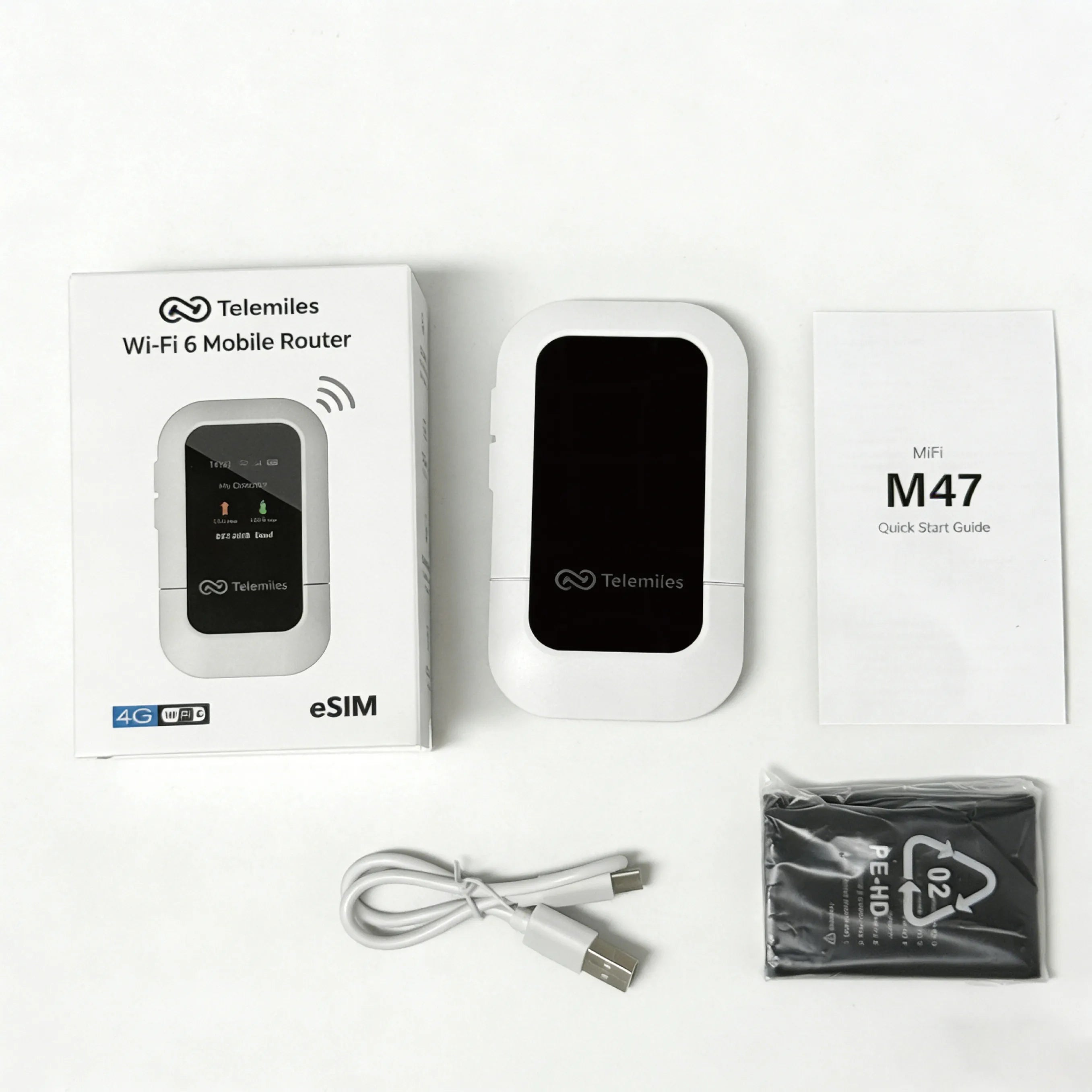Unboxing the Telemiles M47 showing the 4G MiFi device, removable battery, and USB-C cable