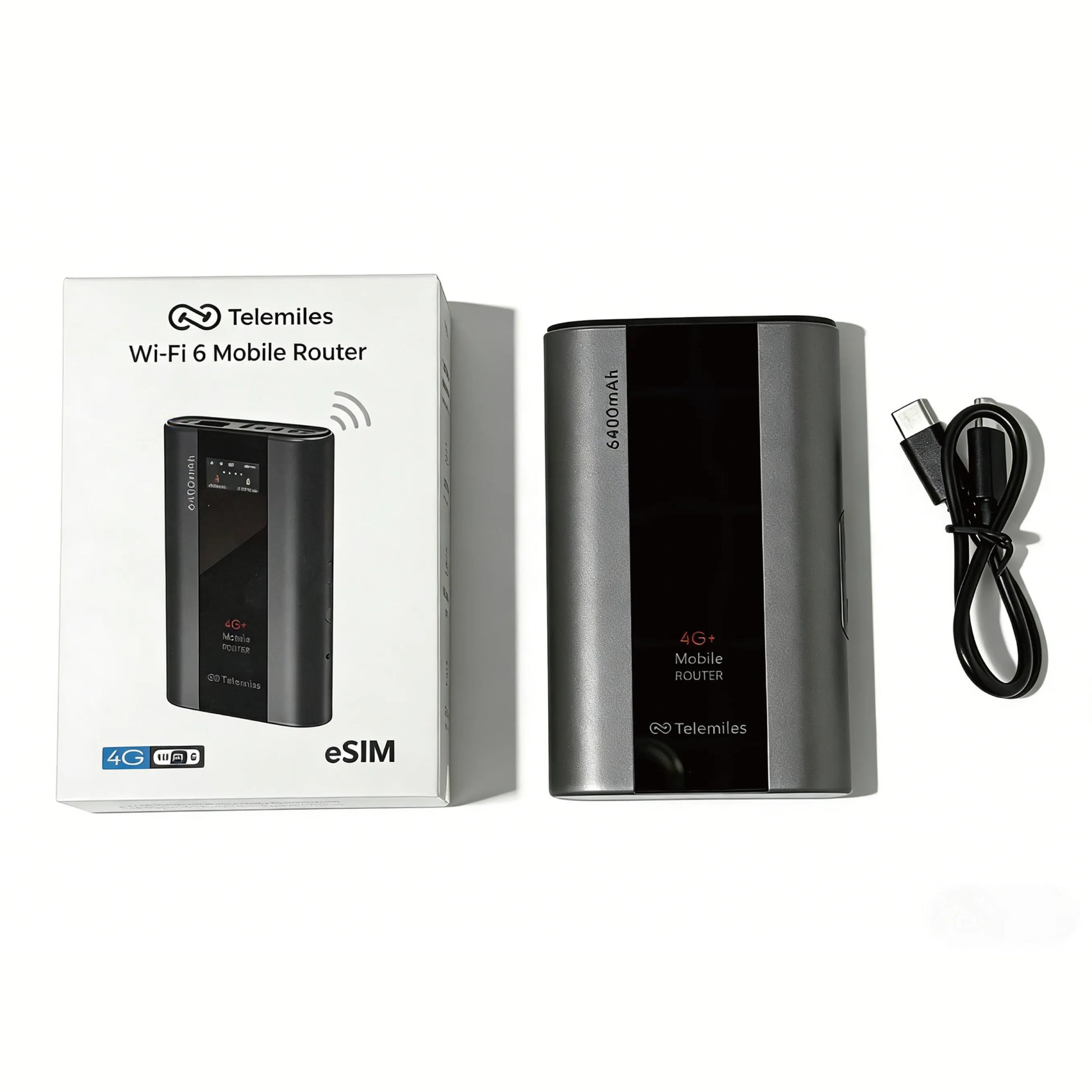 Package contents of Telemiles M53 featuring the 4G MiFi device, high-capacity battery, and accessories.