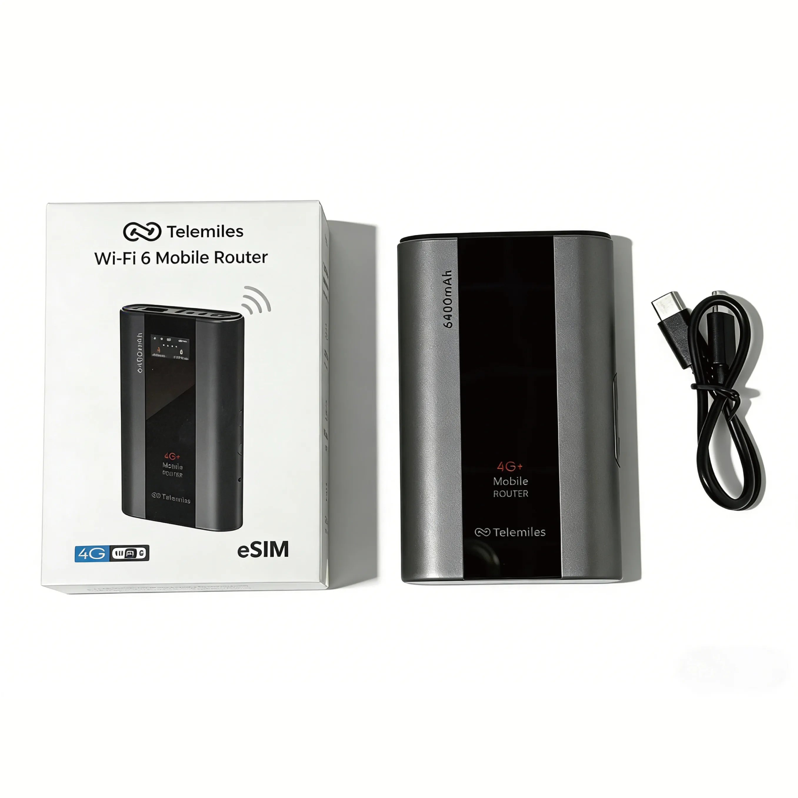 Package contents of Telemiles M53 featuring the 4G MiFi device, high-capacity battery, and accessories.