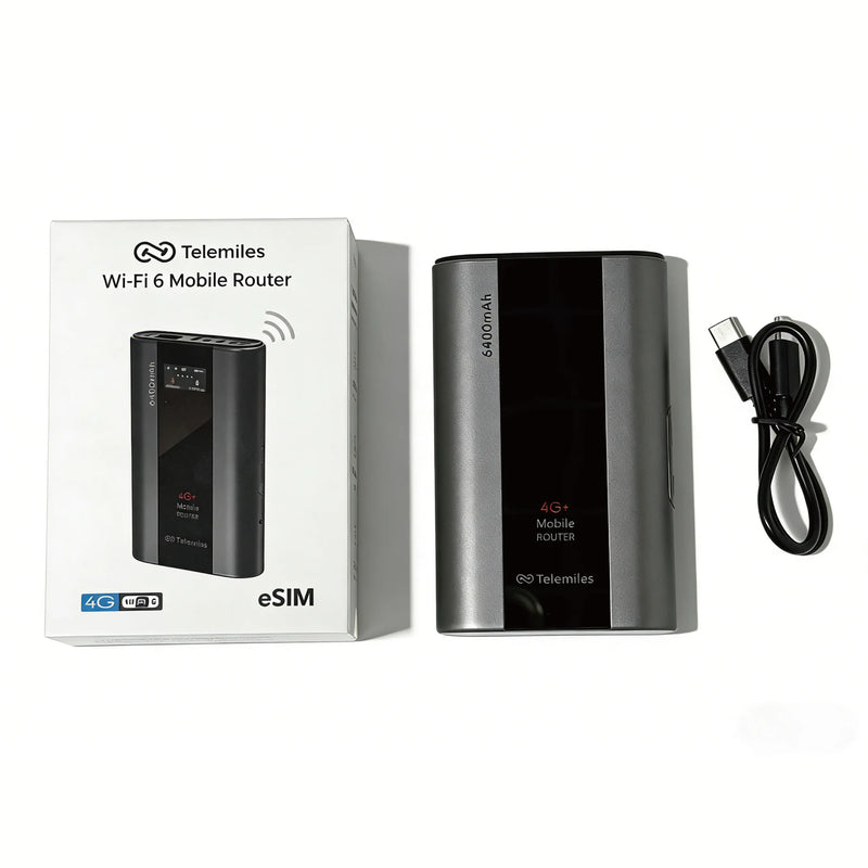 Package contents of Telemiles M53 featuring the 4G MiFi device, high-capacity battery, and accessories.