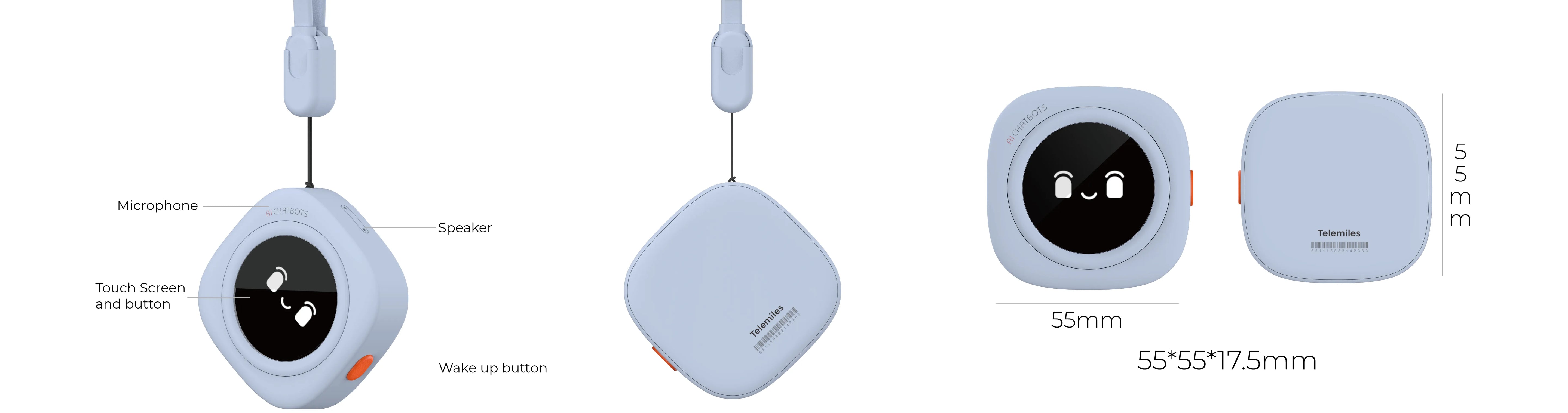 AI Chatbot hardware specifications showing display, mic, and control buttons.