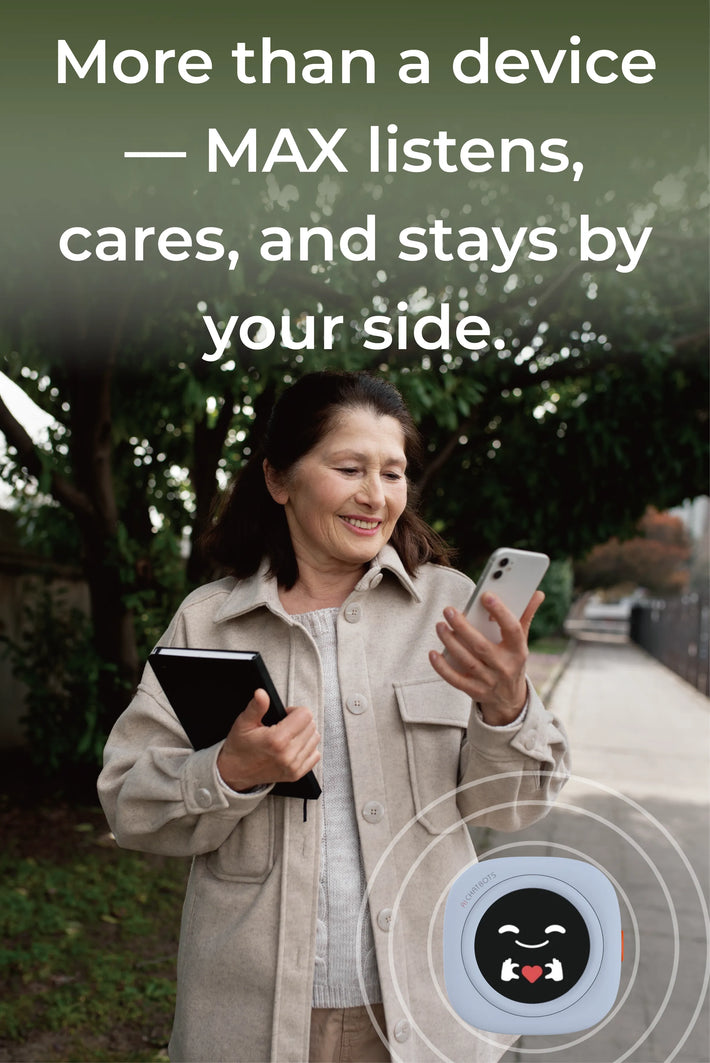 Elderly person using Tlemiles AI companion for safety alerts and voice interaction.