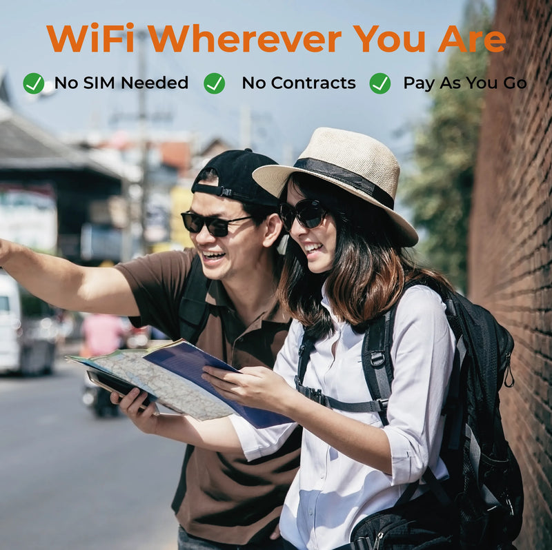 M47 Pocket WiFi in traveler's hand at airport cafe-mobile internet anywhere