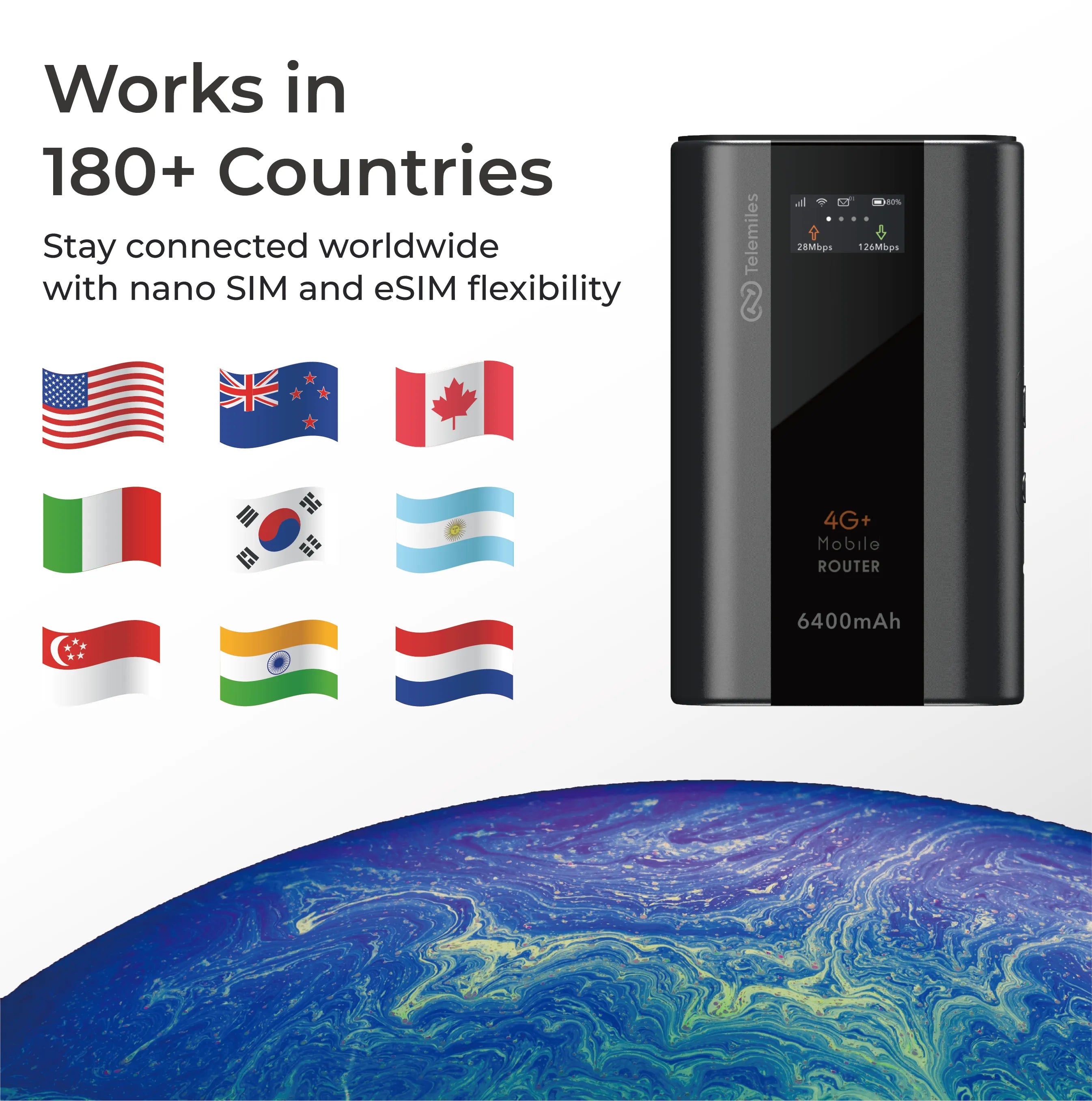 Telemiles M53 MiFi in travel setting-global SIM/eSIM support for connectivity anywhere