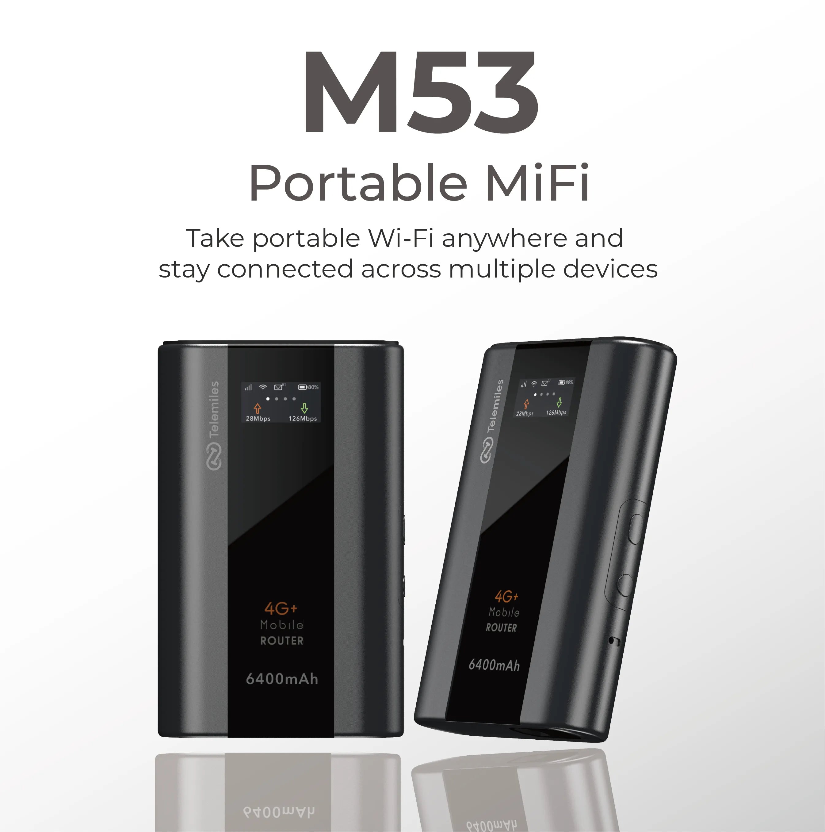 Telemiles M53 Portable MiFi front view-compact router with 6400mAh battery and dual-band WiFi