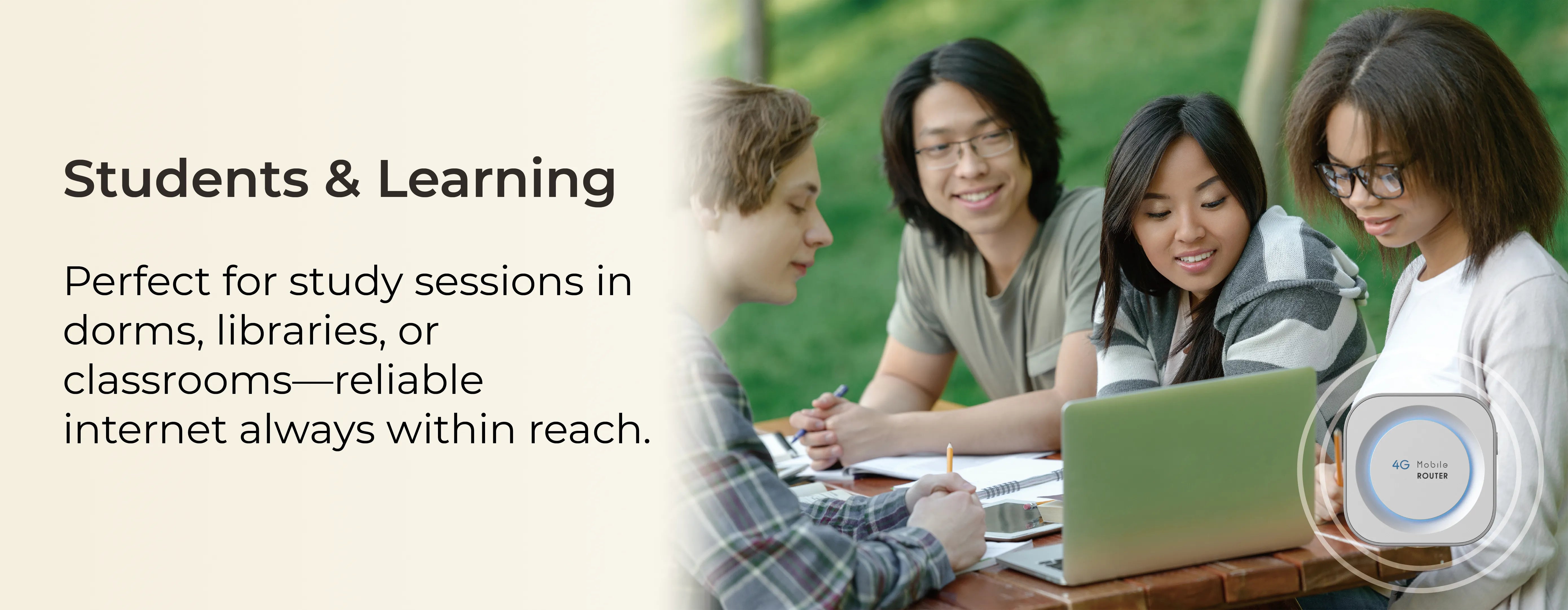 Students using Mini ONE Portable WiFi hotspot for online classes, research, and remote study at home or on campus.