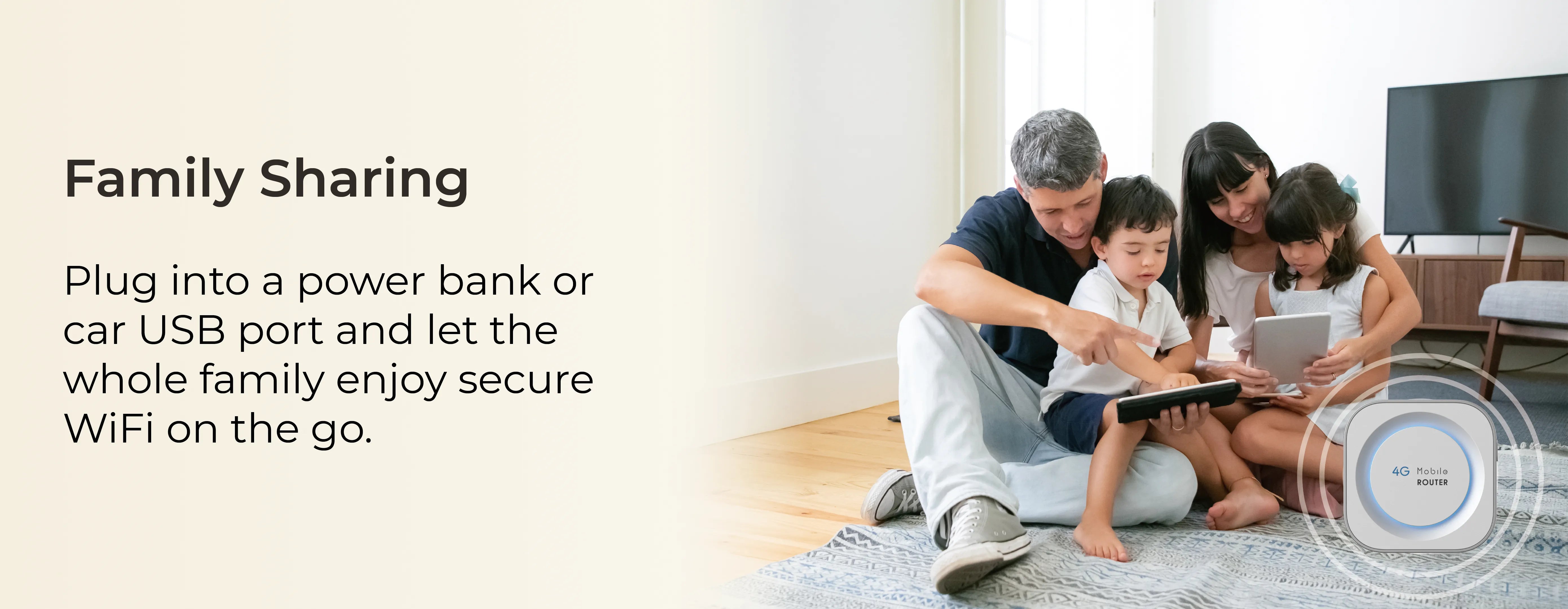 Family using Mini ONE 4G WiFi hotspot at home for streaming, video calls, and everyday internet access.