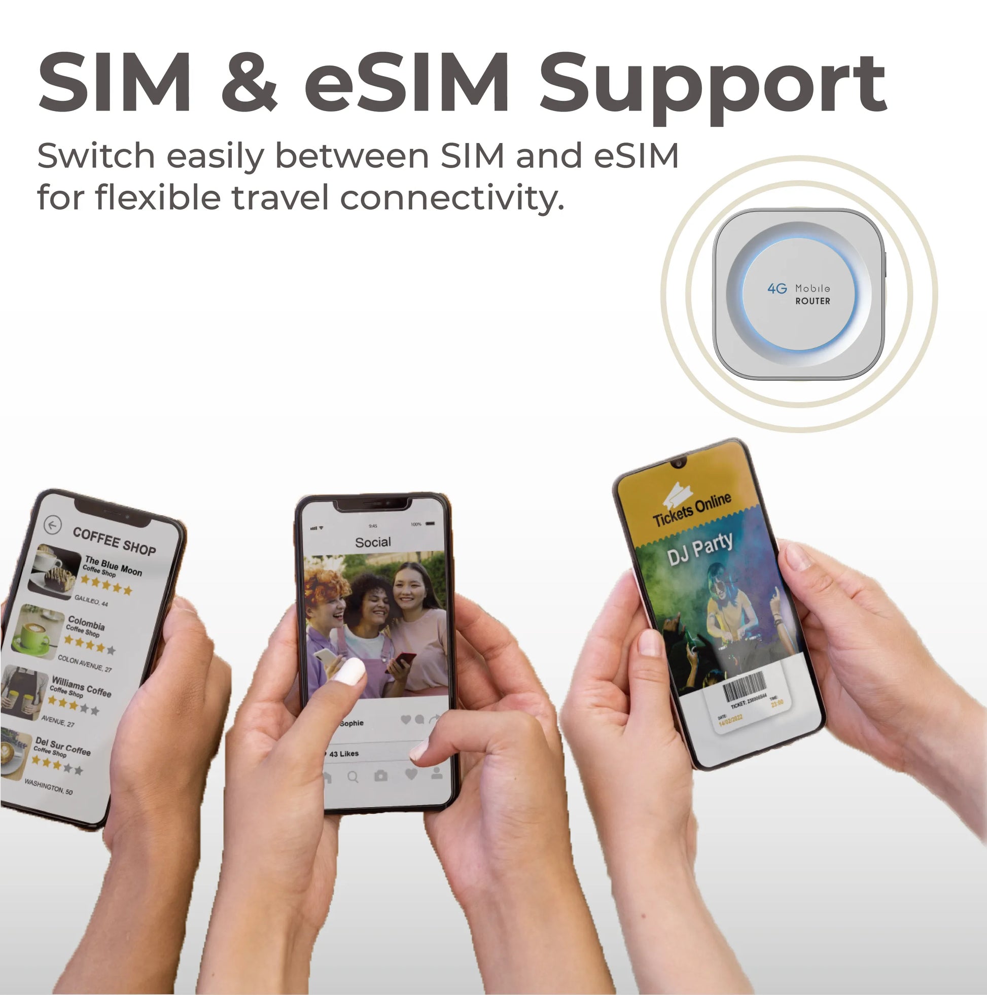 Mini ONE 4G Portable WiFi sharing network with multiple devices including phones, tablets, and laptops.