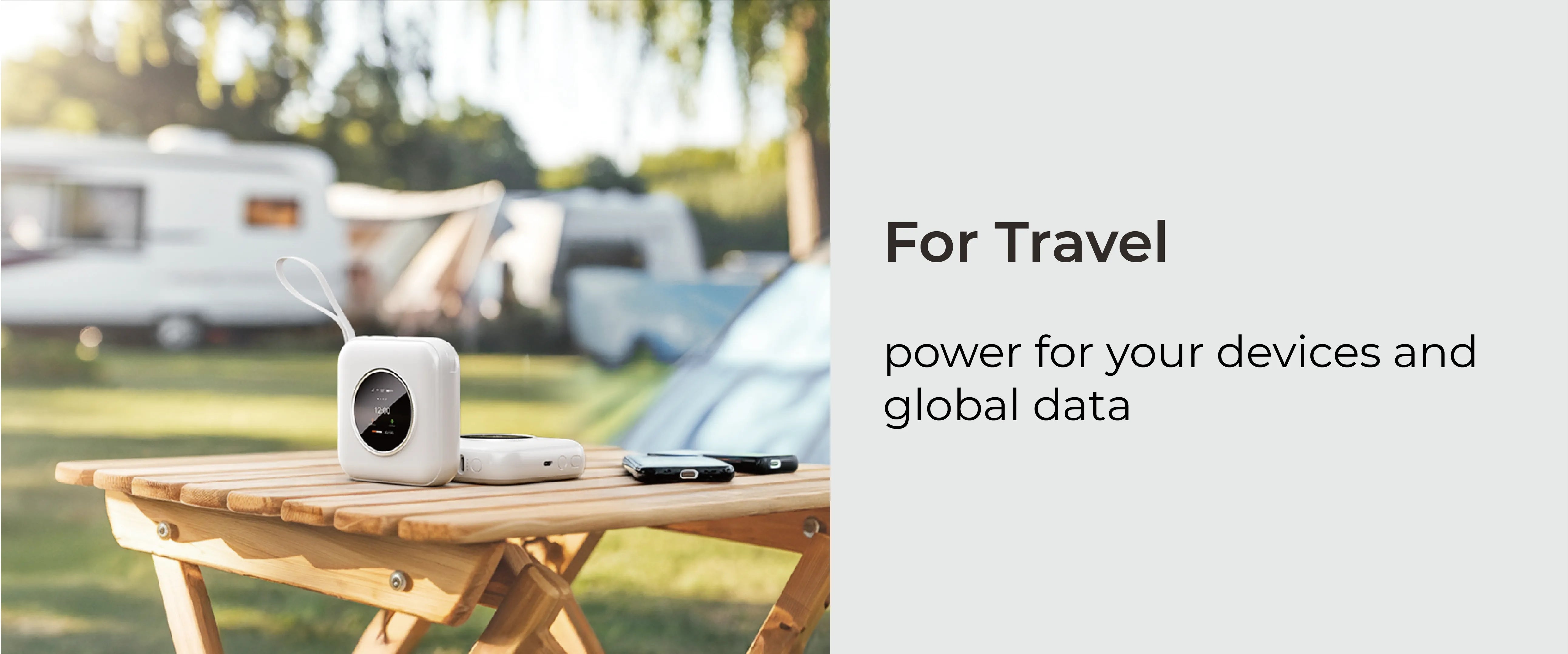 Traveler using ONE WiFi and power bank on the go for seamless internet and charging.