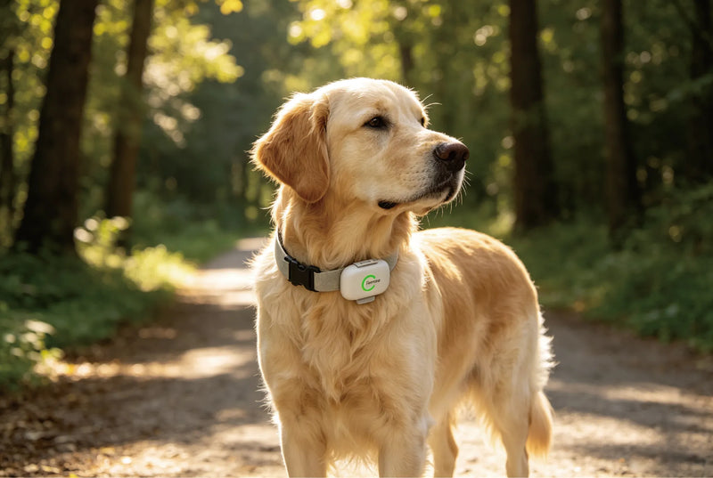 Golden retriever wearing a Petmio GPS tracker on collar during an outdoor walk