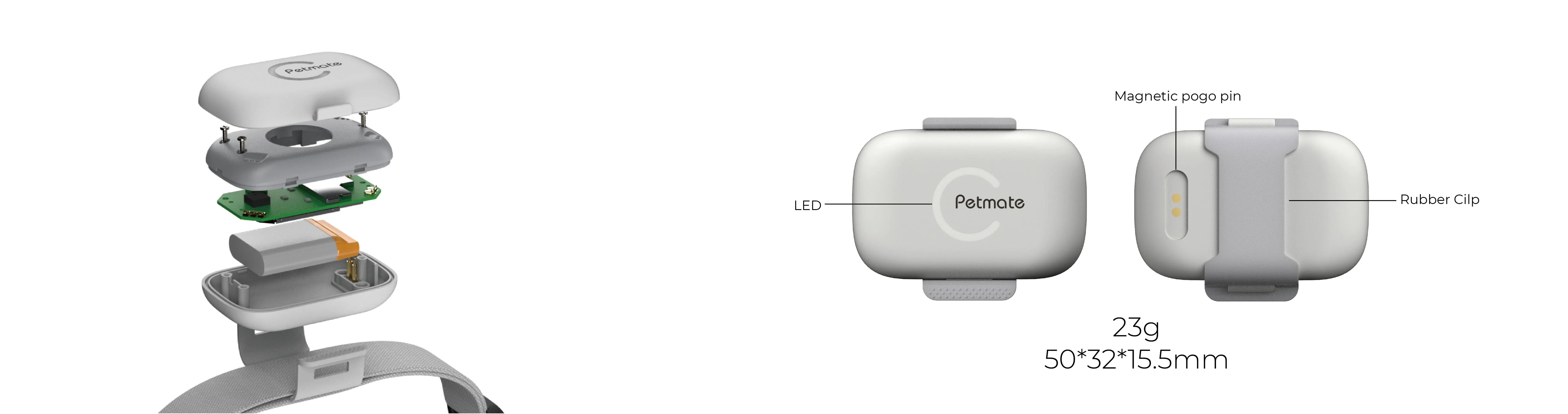 Telemiles Pet Tracker PTK01 product configuration diagram showing ports, buttons, SIM/eSIM slot and device size illustration