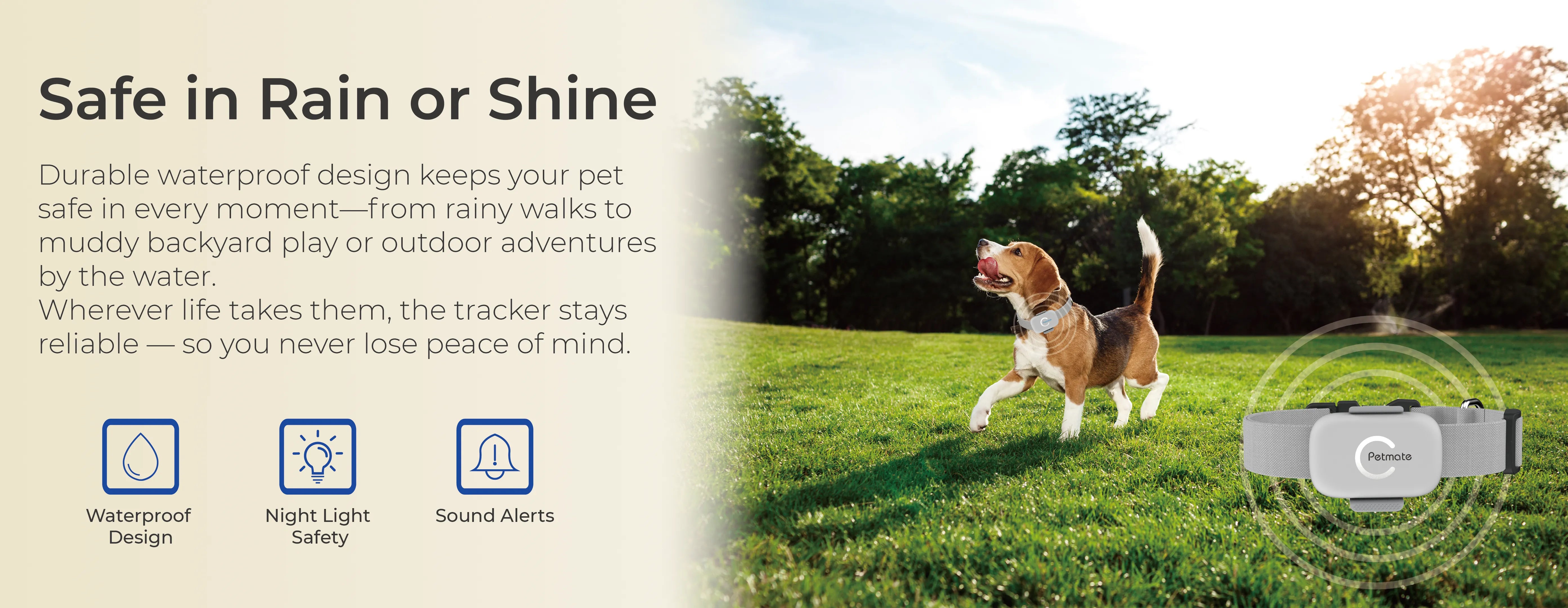 Waterproof Pet Tracker designed for outdoor use, keeping pets safe even in the rain.