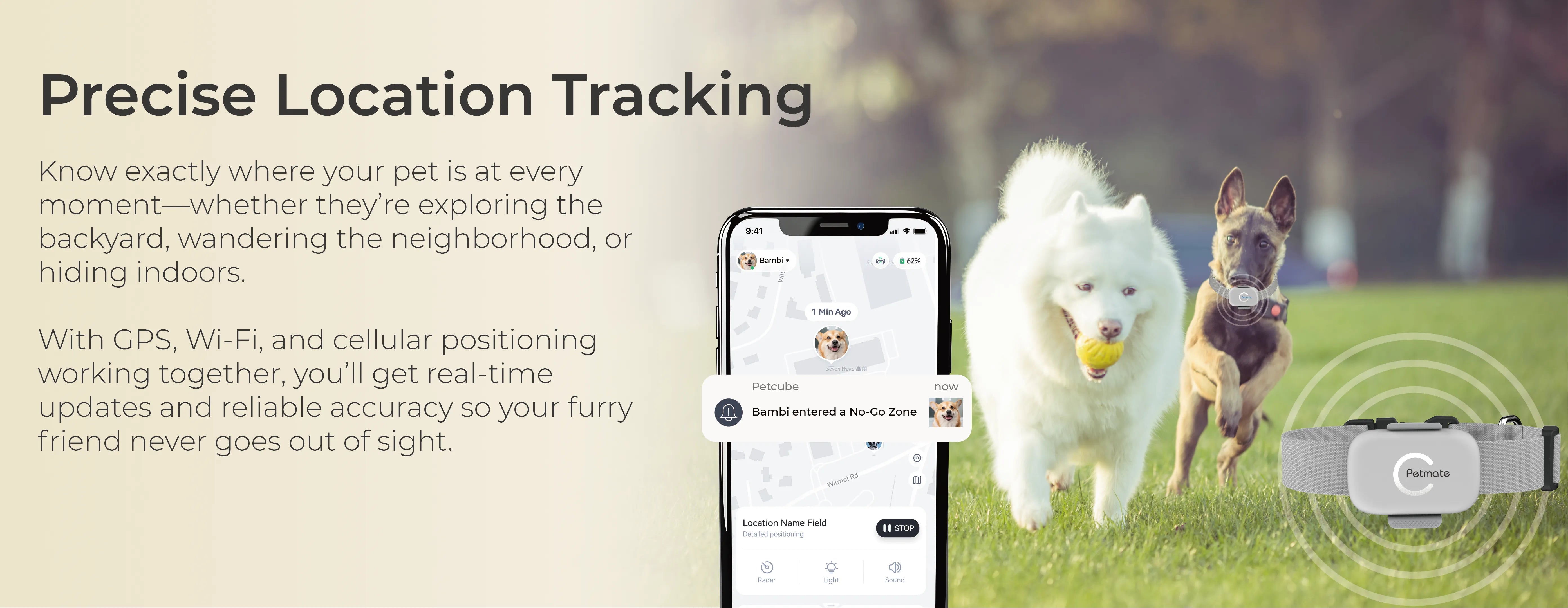 Pet Tracker with real-time GPS tracking showing accurate location on mobile app.