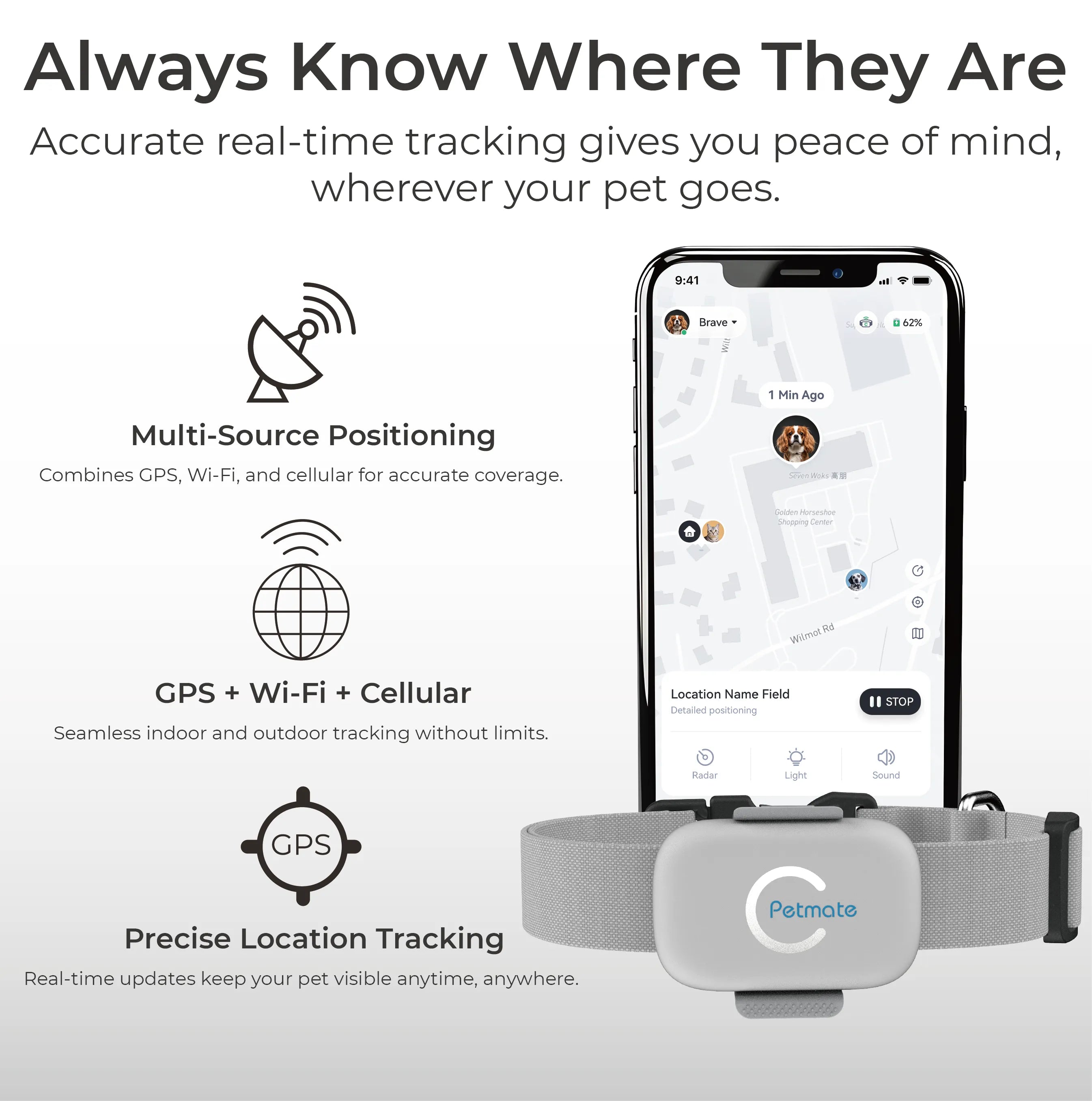 Pet Tracker PTK01 shown attached to dog collar during outdoor walk for real-time tracking