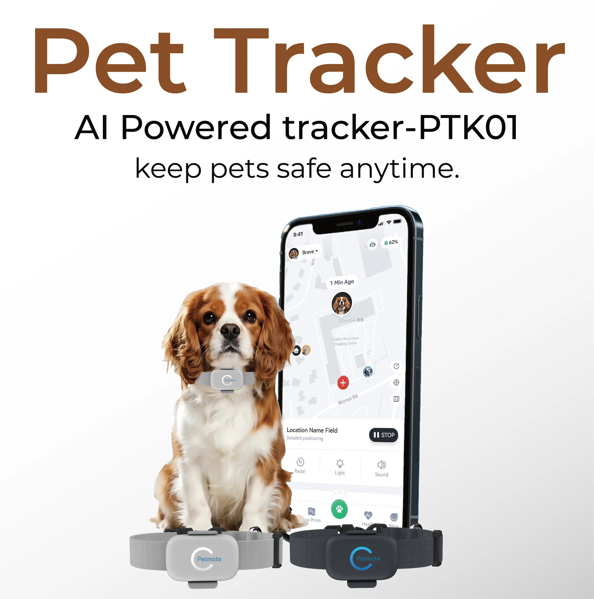 Telemiles Pet Tracker PTK01 front view-lightweight 23g GPS dog and cat tracker device