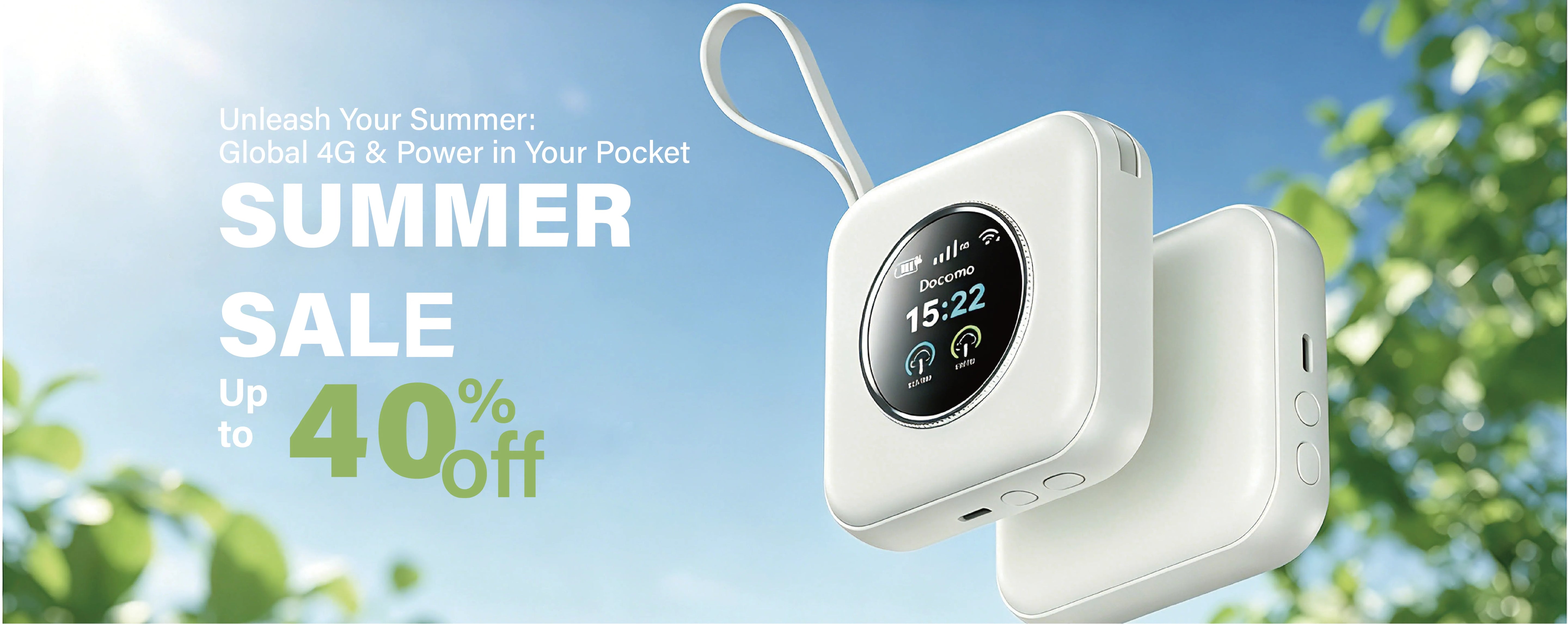 Telemiles ONE portable 4G WiFi hotspot and integrated power bank in use during a summer travel sale.