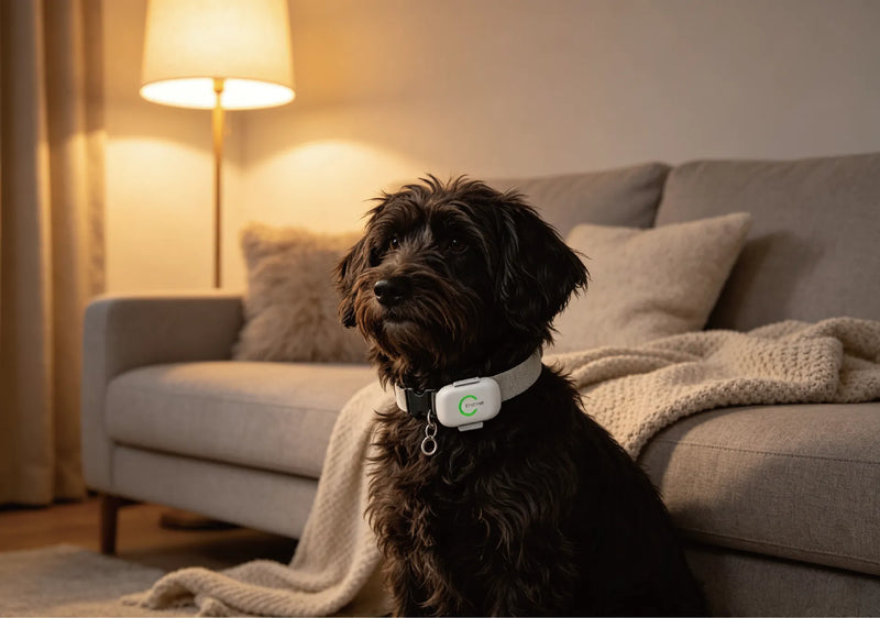 Active dog wearing a GPS pet tracker during outdoor activities with real-time location monitoring